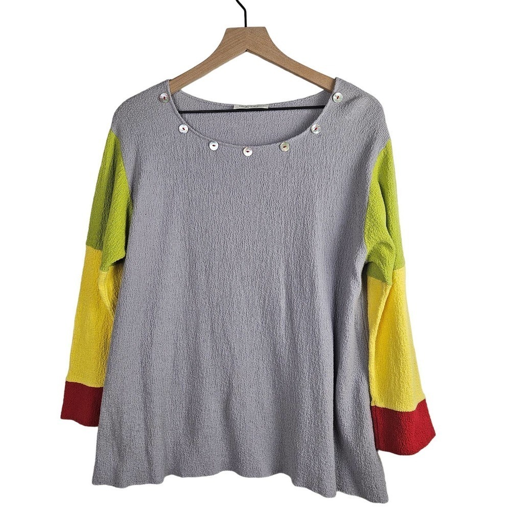 Margaret Winters Color Block Textured Top M Grey Yellow Artsy Lagenlook Sweater